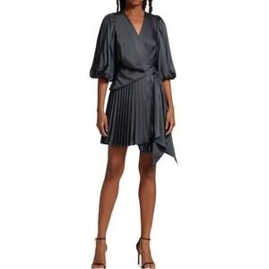 ACLER Satin Wrap Pleated Harlem Dress Womens 10 Charcoal Gray Balloon Party